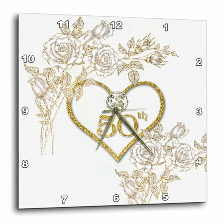 50th Anniversary Clocks - 3dRose 50th Golden Wedding Anniversary in Faux Gold Glitter Heart on White - Wall Clock, 10 by 10-inch