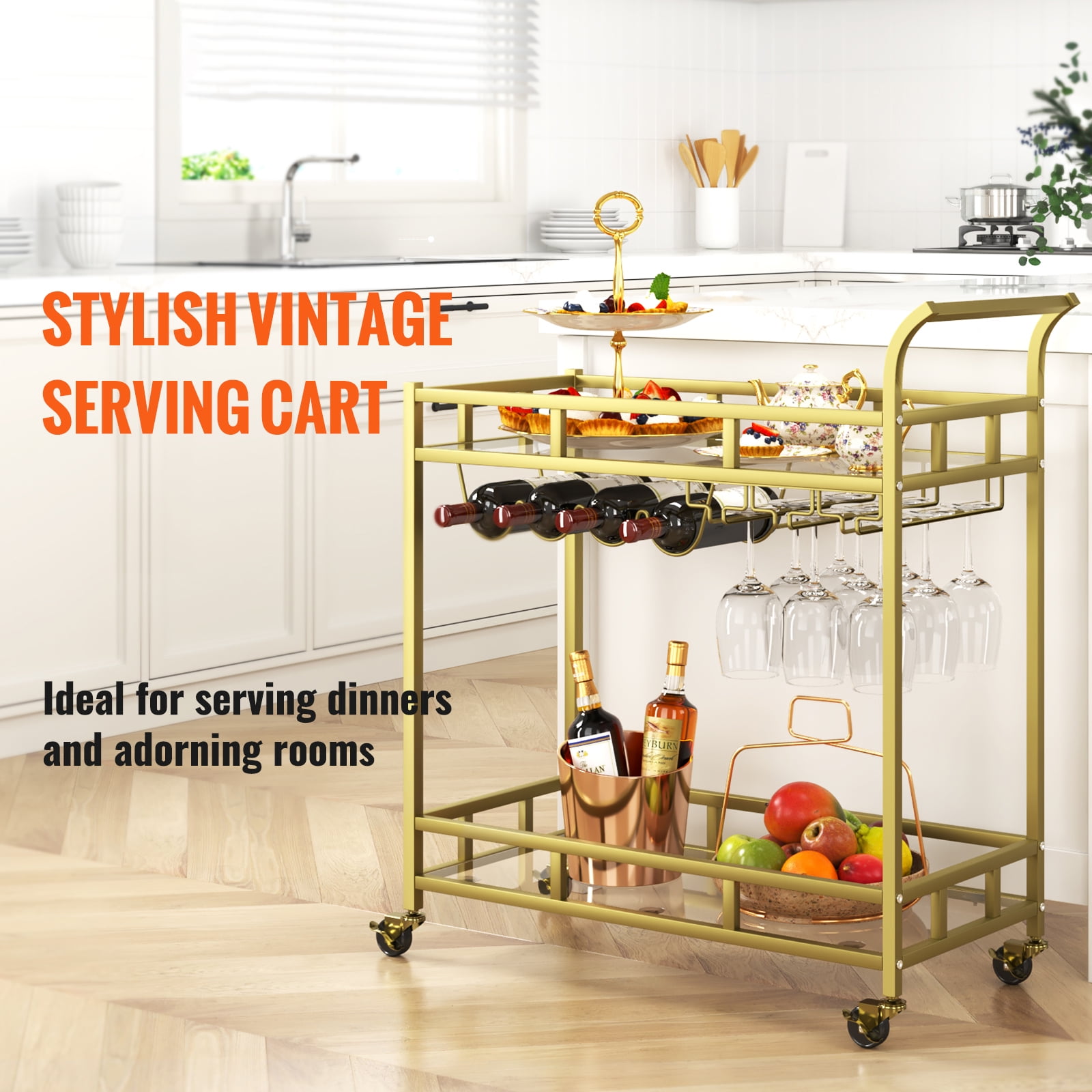 VEVOR 2 Tiers Gold Metal Bar Serving Cart with Wine Rack Glass Holder 120 lbs