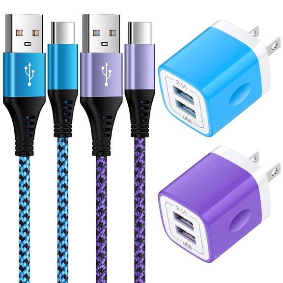 Type C Charger Block,with 2PACK Android Charger Fast Charging Cable 6ft 5V/2.1A HopePow Dual Port Usb Charger Block Wall Adapter Plug Brick Phone Chargers for Android Phone Type C,Blue/Purple