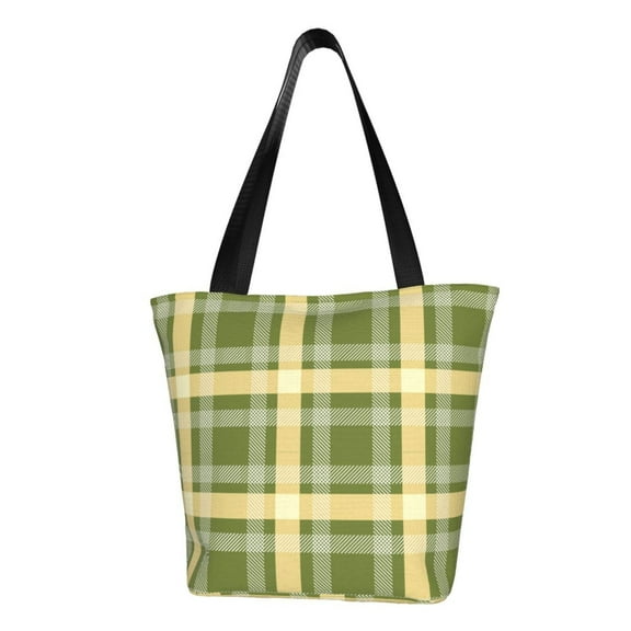 TEQUAN Reusable Shoulder Tote Bags, Green White Christmas Plaid Prints Polyester Casual Shopping Grocery Bag for Women