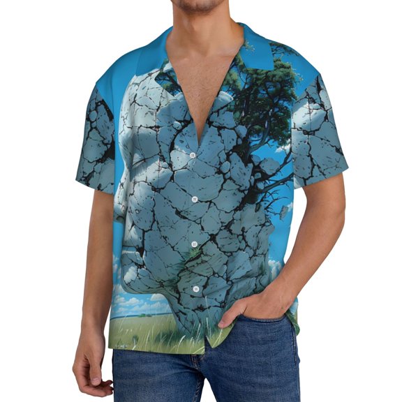 Gukieu Cracked Earth Head Tree Print Men's Short-sleeved Shirts, Button-down Pocket Shirts, T-shirts, Beach Vacation Travel Summer Clothing-Small