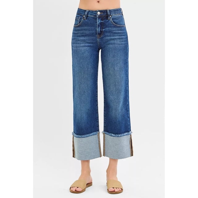 Je Suis une Adepte de la Mode Jeans Taille Pleine Taille Mi-Haute Courts Larges Larges à Revers Grande Taille (Foncé, 13)