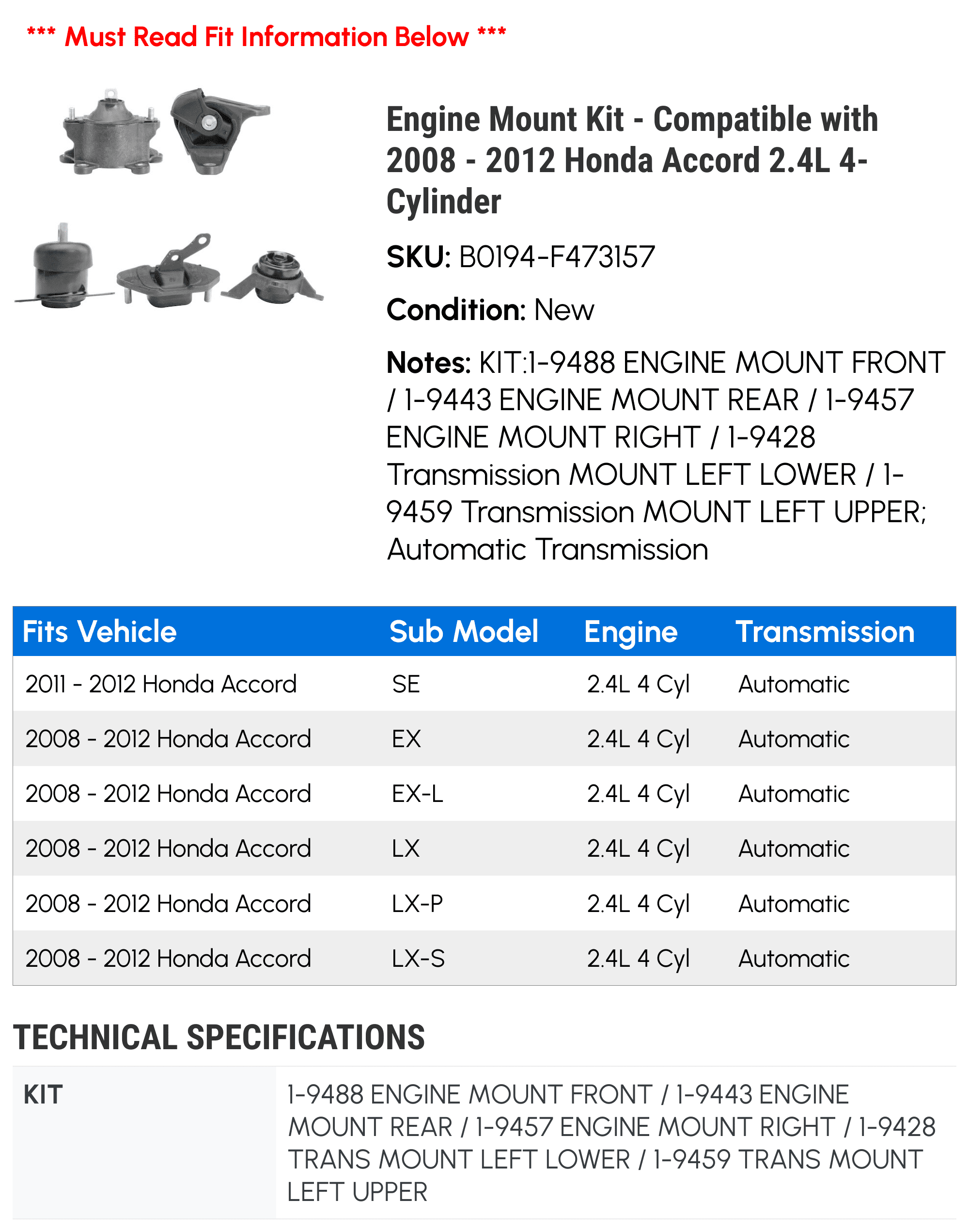 Engine Mount Kit - Compatible with 2008 - 2012 Honda Accord 2.4L 4-Cylinder 2009 2010 2011