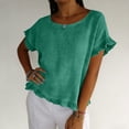 thumbnail image 5 of Danhjin Linen Half Sleeve Shirts For Women Round Neck Solid Color Tops Summer Shirts Ruffle Pleated Hem Casual Comfy Daily Basic Tops, 5 of 8