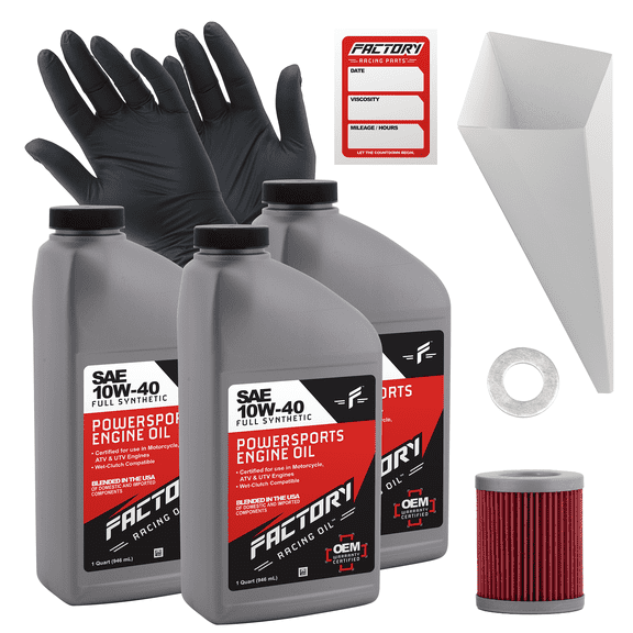 Factory Racing Parts SAE 10W-40 Full Synthetic 3 Quart Oil Change Kit compatible with Suzuki Quadsport Z-250 – Includes 3 Quarts of Oil, 1 Filter, 1 Crush Washer, 1 Funnel, 1 Oil Change Sticker