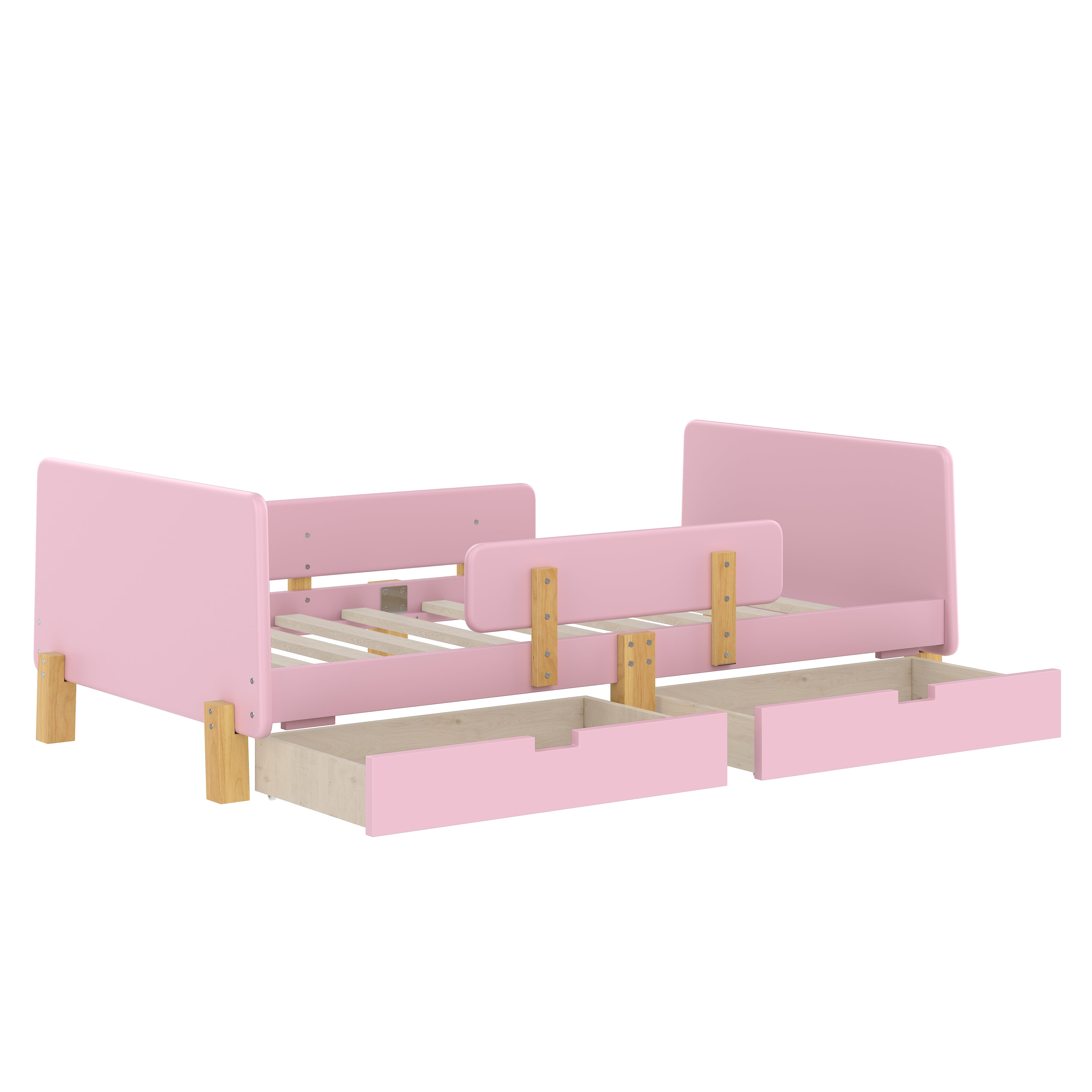 Yoneston Twin Size Kids Platform Bed with 2 Storage Drawers, Solid Wood Todder Bed Frame with Guardrails and Hooks for Boys Girls, Pink