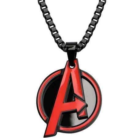 Marvel Men's Stainless Steel Black Ion Plated with Red Avengers Logo Pendant, 24" Chain