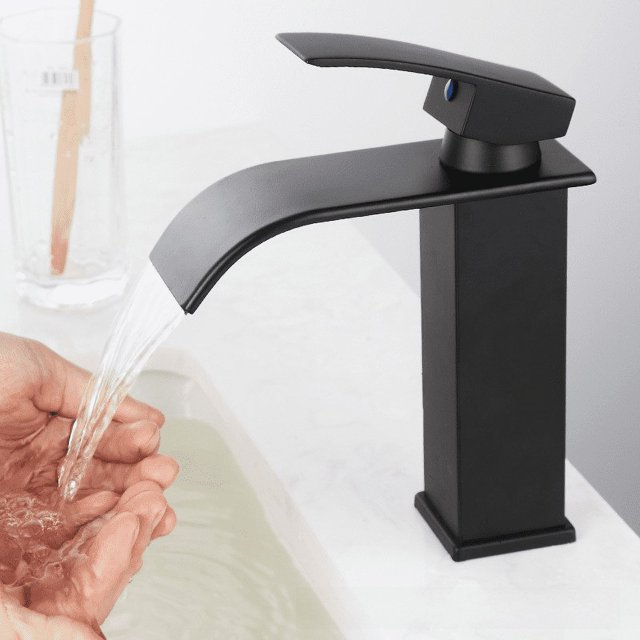 Grifo de cascada para lavabo, boca ancha, acero inoxidable, tratamiento de espejo, codo cuadrado debajo del mostrador, grifo para lavabo de encimera.