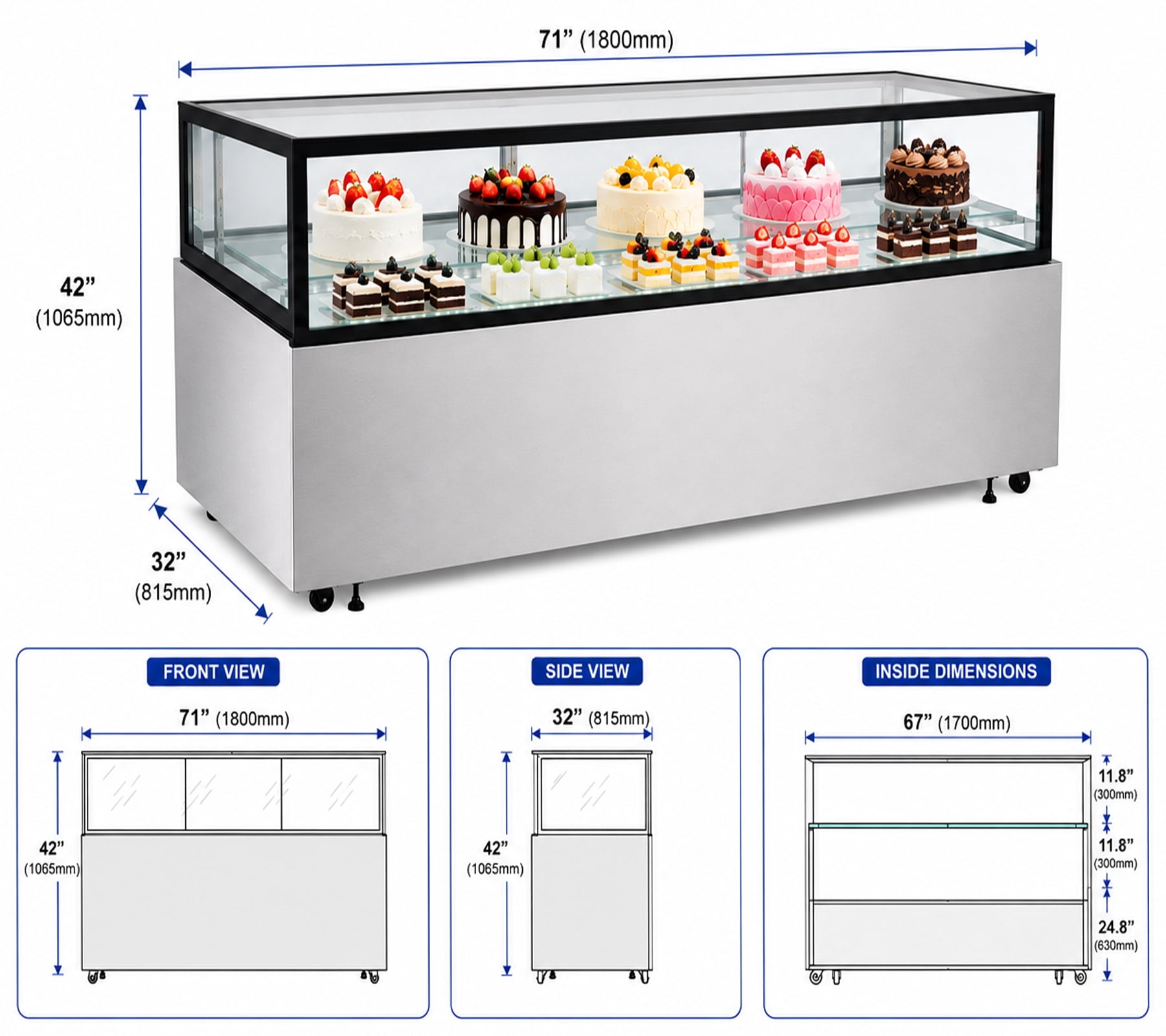 71" Commercial Refrigerated Bakery Display Case, Luxury Cake Showcase Refrigerator, LED Lighting, ETLCertified