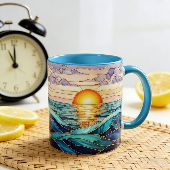 Stained Glass Sunset Mountain Mug Unique Artistic Coffee Mug Colorful Glass Tea Cup Home Kitchen Decor Mug for Hot Drinks Beverage Cup, Color, 1pc
