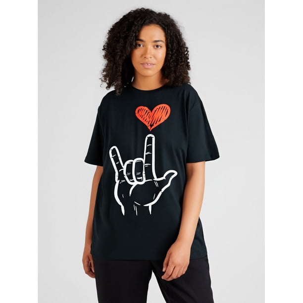 Valentine's Day 'I Love You' Heart & Peace Sign Graphic Tee - 100% Crew Neck, Classic Fit, Machine WCamisetas para mujer, lindas camisetas con estampado gráfico, de manga corta, estilo casual, para ve