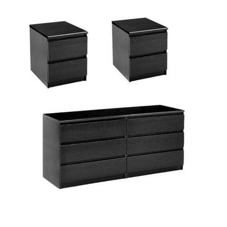 Elite 2 Drawer - 3 Piece Set with 6 Drawer Double Dresser and 2 Night Stands in Black Woodgrain