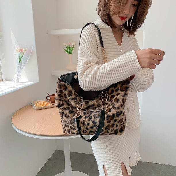 Bolsa Bolso de hombro con estampado animal para mujer Bolsos de compras de felpa grandes retro (leopardo) JShteea Para Estrenar
