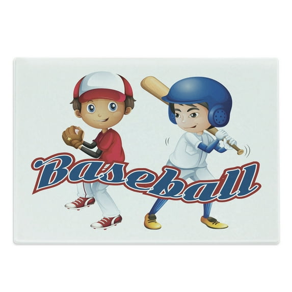 Sports Cutting Board, Baseball Player Boys Pitching Champions Winner Olympics Competition, Decorative Tempered Glass Cutting and Serving Board, Large Size, Cobalt Blue White, by Ambesonne