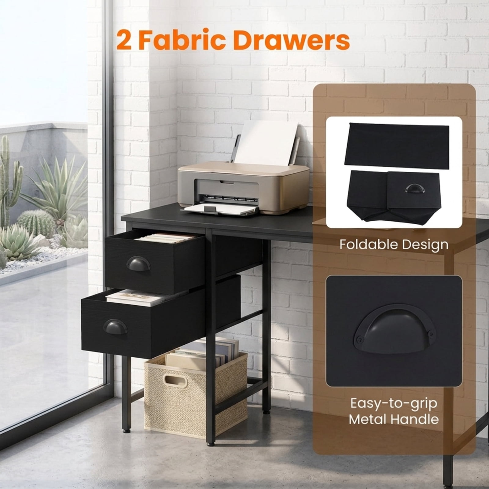 Furnibear Computer Desk with Charging Station and 2 Fabric Drawers, 38 Inch Small Home Office Desk with Headphone Hook and Metal Frame, Black