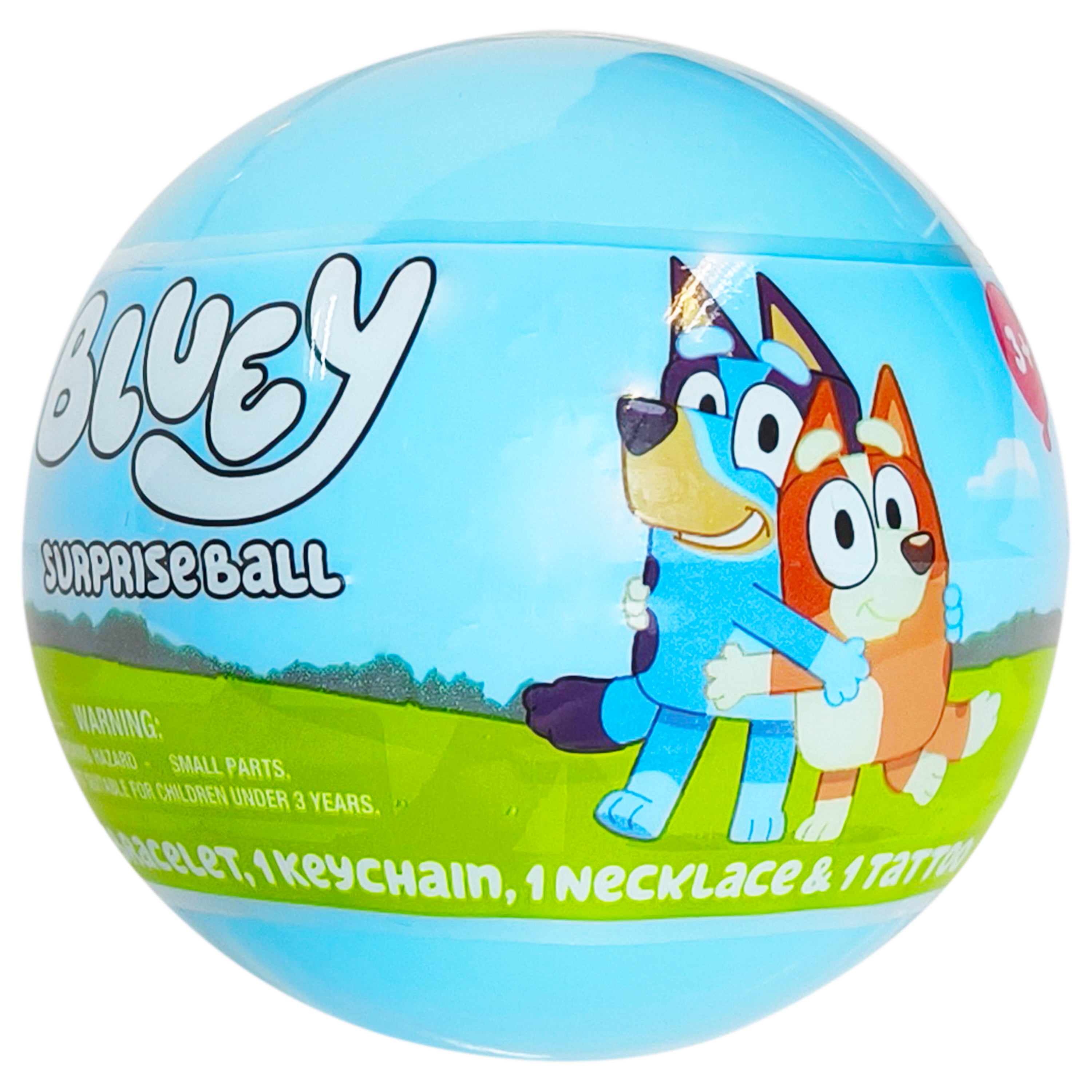 Bluey Surprise Ball with a bracelet, keychain, necklace, and tattoo