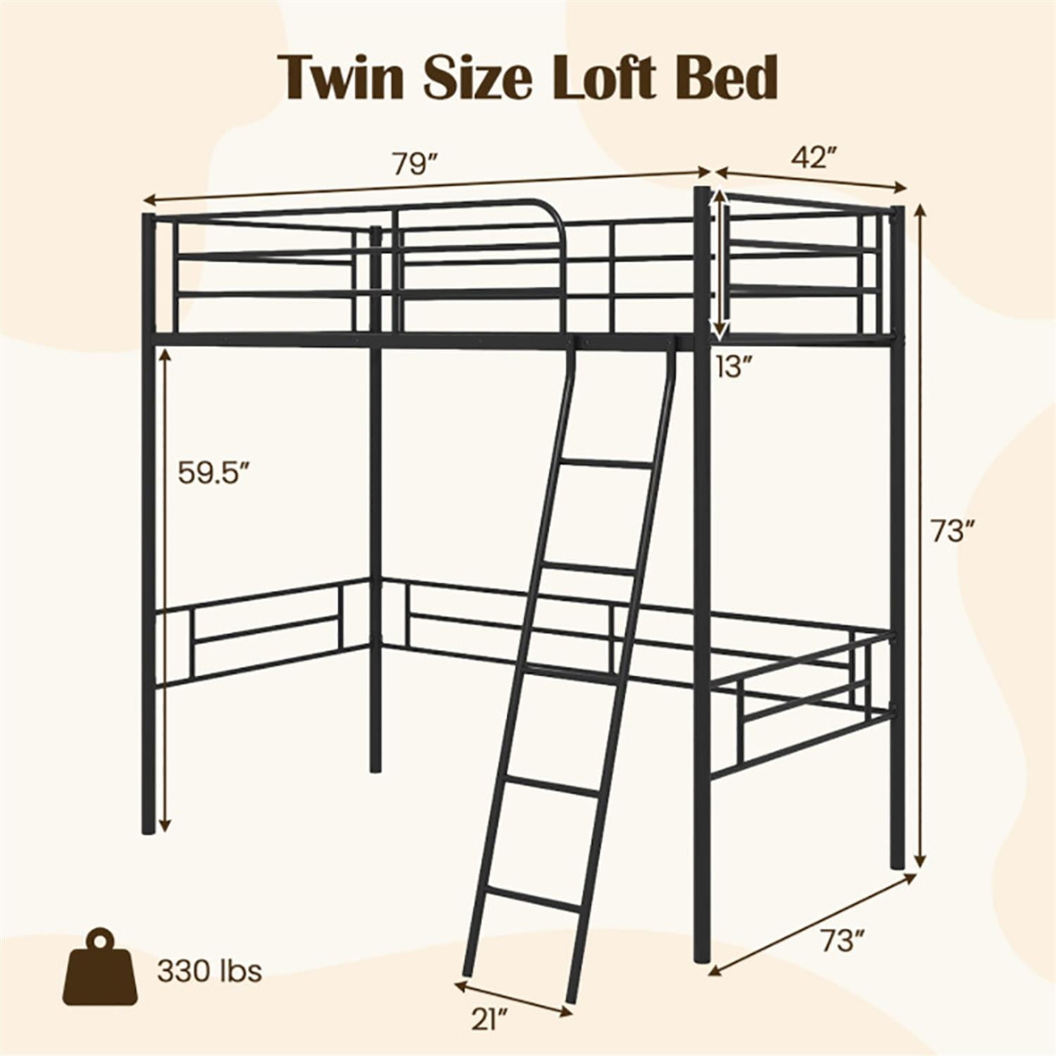 Demi Bonn Twin Metal Loft Bed Frame with Ladder and Metal Slats Support, Twin, Black