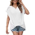 thumbnail image 1 of Blusa blanca con escote en V, manga corta, malla, detalle torcido en la parte delantera para una apariencia elegante, talla S, 1 of 6