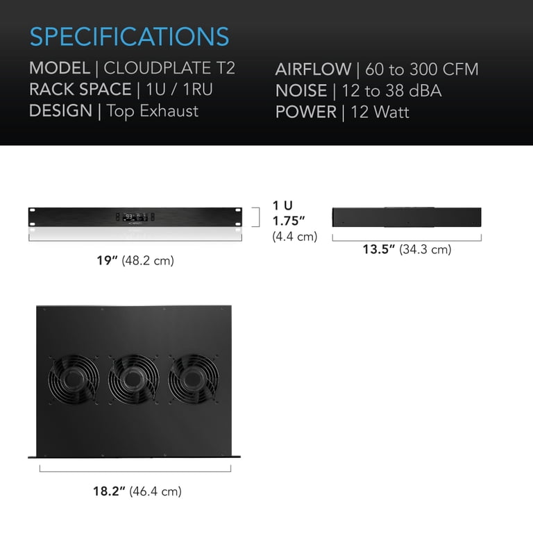 AC Infinity CLOUDPLATE T2 1U Rack Mount Fan - Top Exhaust Cooling For AV, Server & Network Racks, Programmable Thermostat