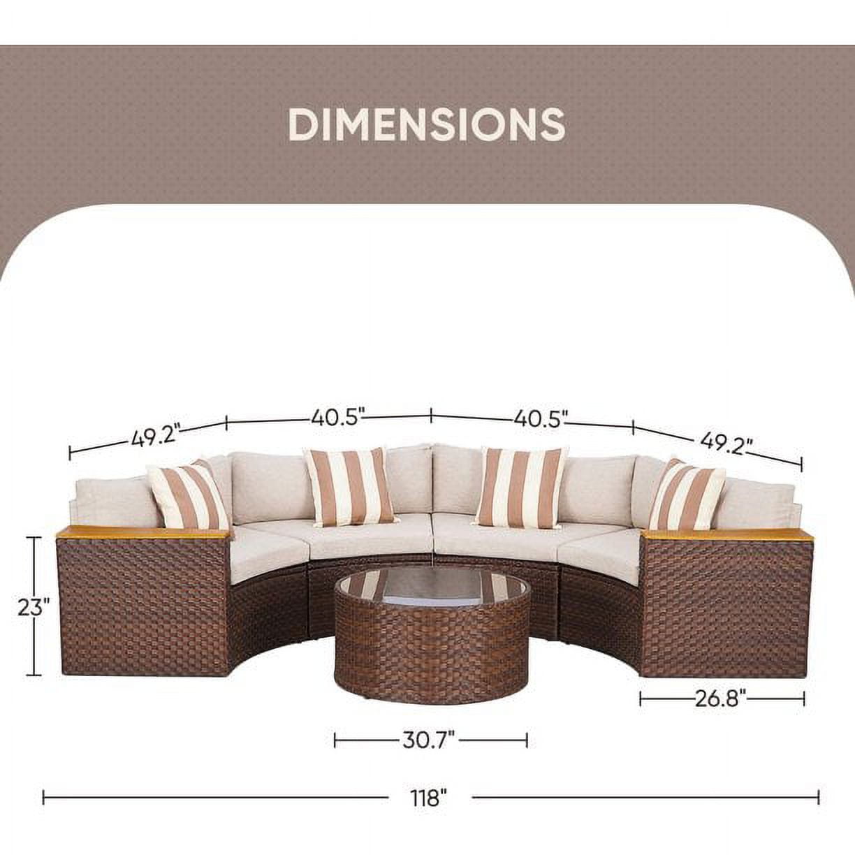 SOLAURA 5-Piece Patio Furniture Outdoor Half-Moon Sectional Sofa Set Patio Brown Wicker Conversation Set with Beige Cushions & Glass Coffee Table
