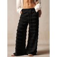 thumbnail image 4 of Women Drawstring Elastic Waist Multi Ruffle Eyelet Lace Wide Leg Pants Cover Up Beach Pants Black S, 4 of 9
