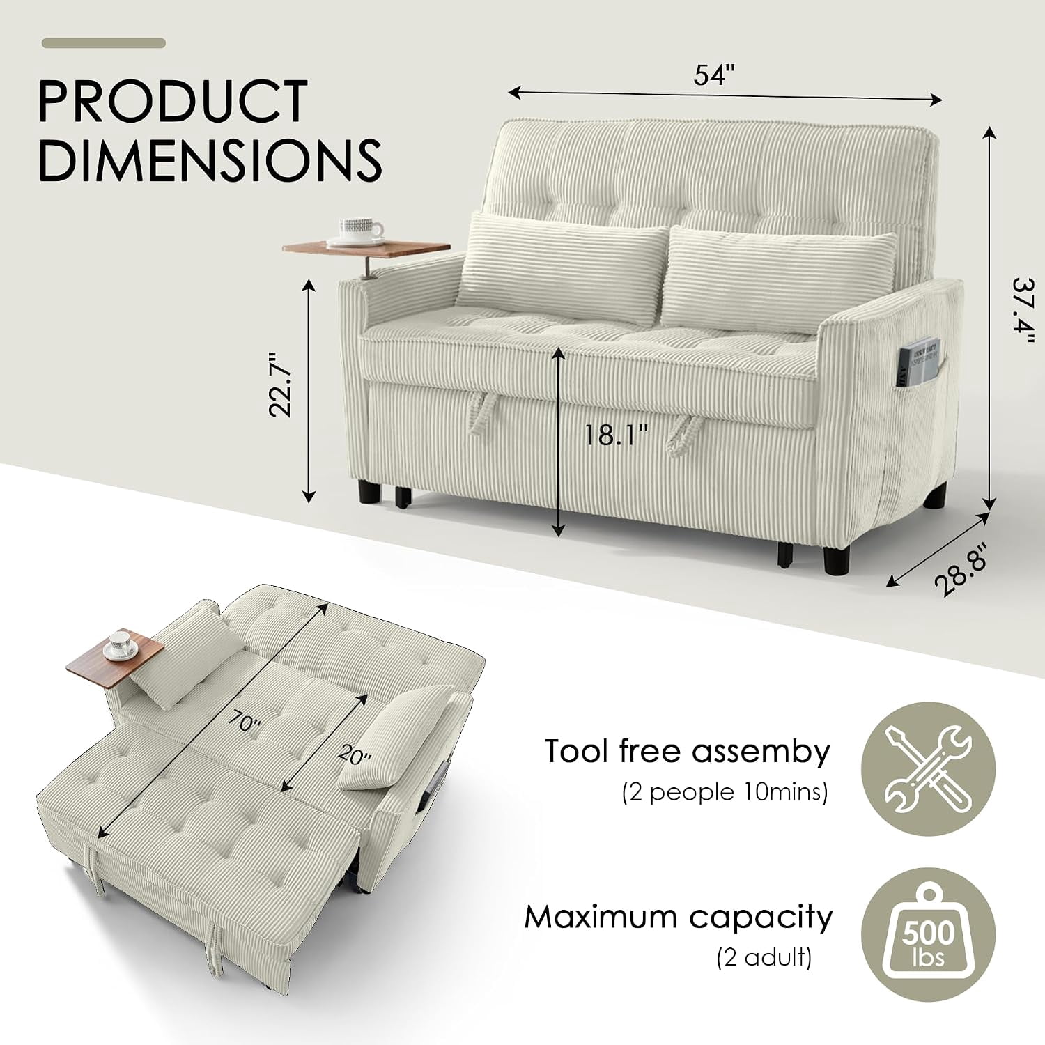 55" Sleeper Sofa Bed, Convertible Pull Out Couch with Side Stand, USB Ports, Side Pockets, Corduroy Fabric, Adjustable Backrest, Beige