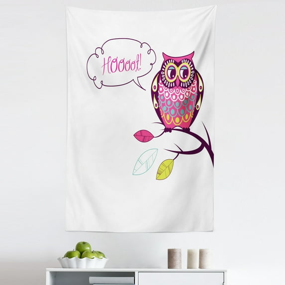 Owl Tapestry, Ornate Colorful Owl on the Branch Observing Flat Face Myst Animal Image, Fabric Wall Hanging Decor for Bedroom Living Room Dorm, 5 Sizes, Pink Purple White, by Ambesonne