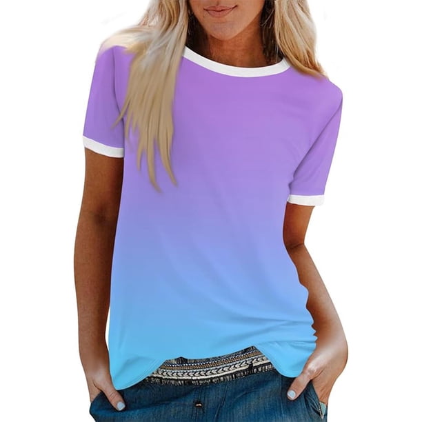 Blusas para las Mujeres Casual, Rayas Impresas Patchwork Manga Corta Cuello Redondo Top Hecho de 95% Poliéster 5% Spandex para el Verano, Tops Cortos para las Mujeres