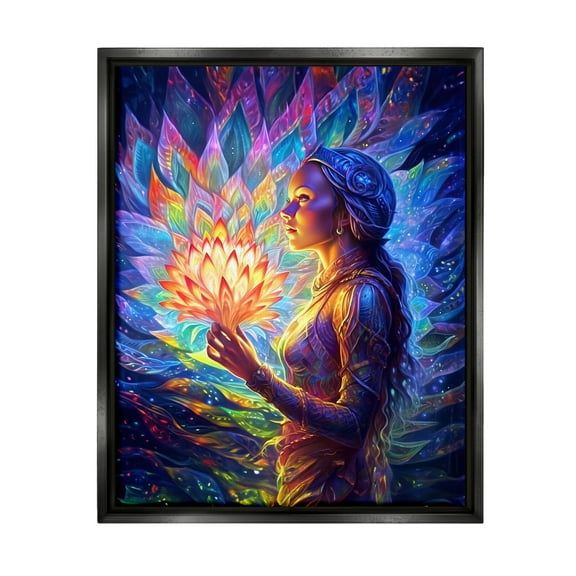 Stupell Industries Woman & Lotus Fractals Botanical & Floral Painting Black Floater Framed Canvas Art Print Wall Art, 17 x 21