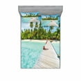 thumbnail image 2 of Ambesonne Tropical Fitted Sheet & Pillow Sham Set, Maldives Island Beach, Twin, Fern Green Turquoise, 2 of 3