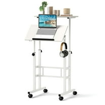Canddidliike Mobile Standing Desk Height-Adjustable Laptop Cart, Cart with Split Top and Hanging Hooks, White
