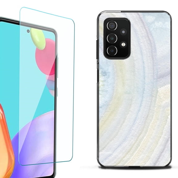 Slim-Fit Flexible TPU Gel Phone Case (black) for Samsung Galaxy A52 5G, with Tempered Glass Screen Protector, by OneToughShield ® - Marble / Rainbow