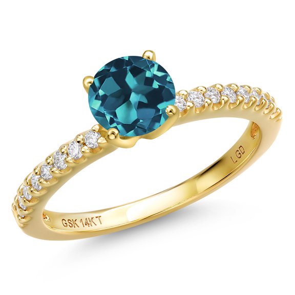Gem Stone King 14K Yellow Gold London Blue Topaz and Lab Grown Diamond Engagement Ring for Women | 1.26 Cttw | Round 6MM | Gemstone November Birthstone | Size 7
