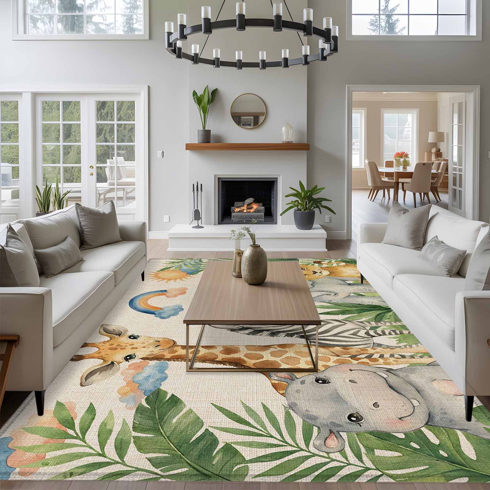 Cute Animals Area Rugs 6'x9', Washable Small Throw Rugs for Kitchen Dining room, Rustic Summer Botanical Palm Leaves Indoor Outdoor Rug Non-Slip Low Pile Carpet Runner Reversible Floor Mats