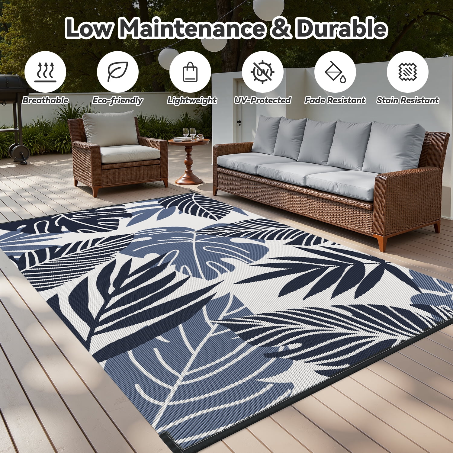 VUNATE Outdoor Rug Carpet 6'x9' Waterproof Reversible Patio Rug Portable Indoor Outdoor Rug Plastic Straw Rug for Beach RV Camping Garden Picnic Deck Backyard Tropical Porch Decor Beige and Blue