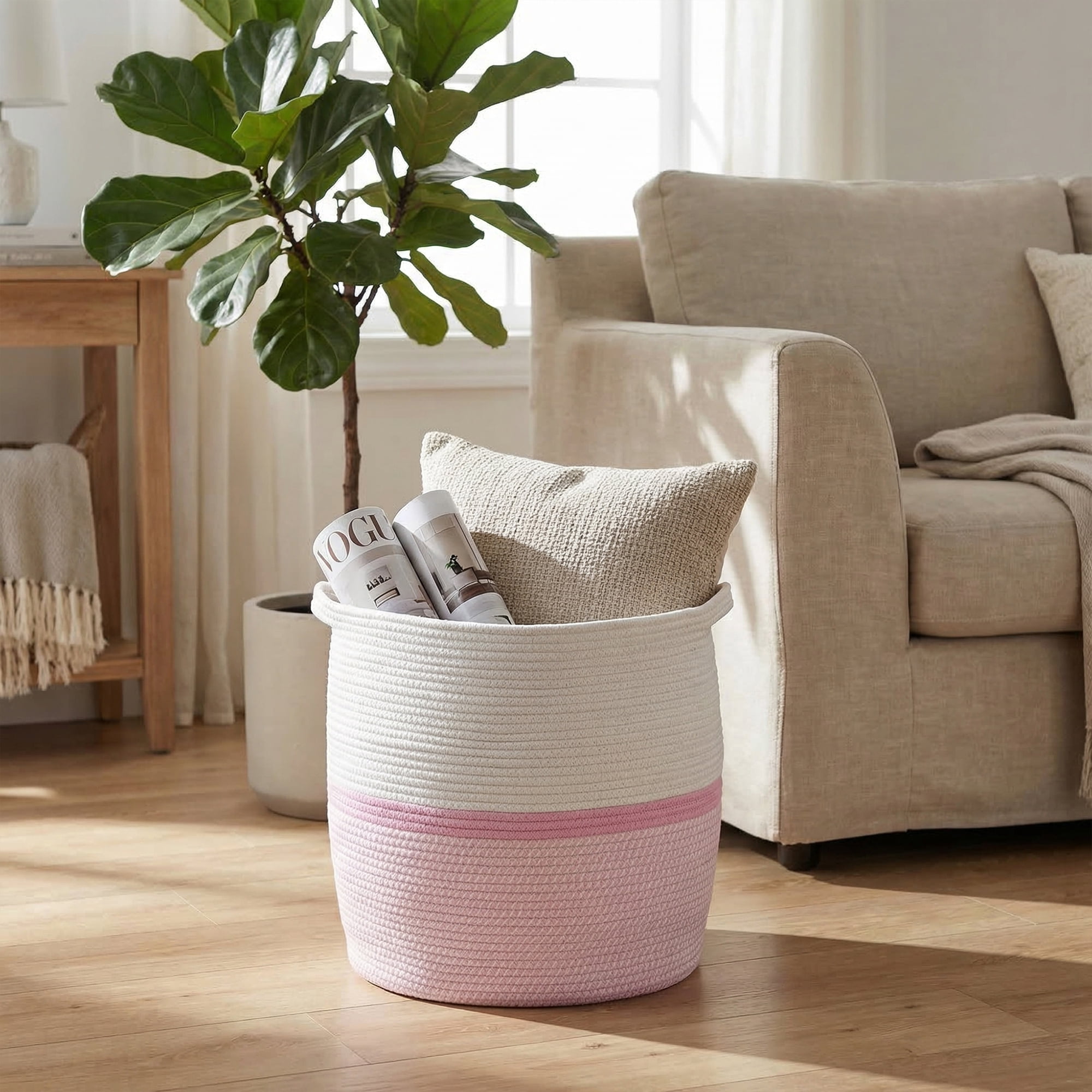 Unique Bargains Multiple Use Woven Shelf Closet Storage Bin White Pink 14*14*16.9in