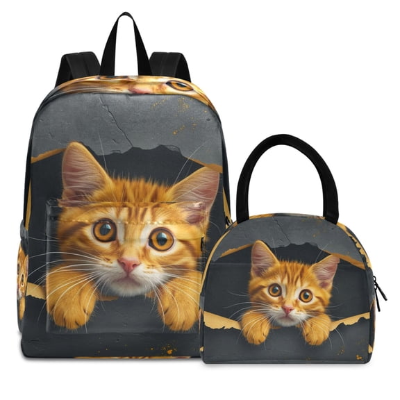 ALAZA Backpack Set Cat Through in The Wall Elementary School Bags Student BookBag with Lunch Bag
