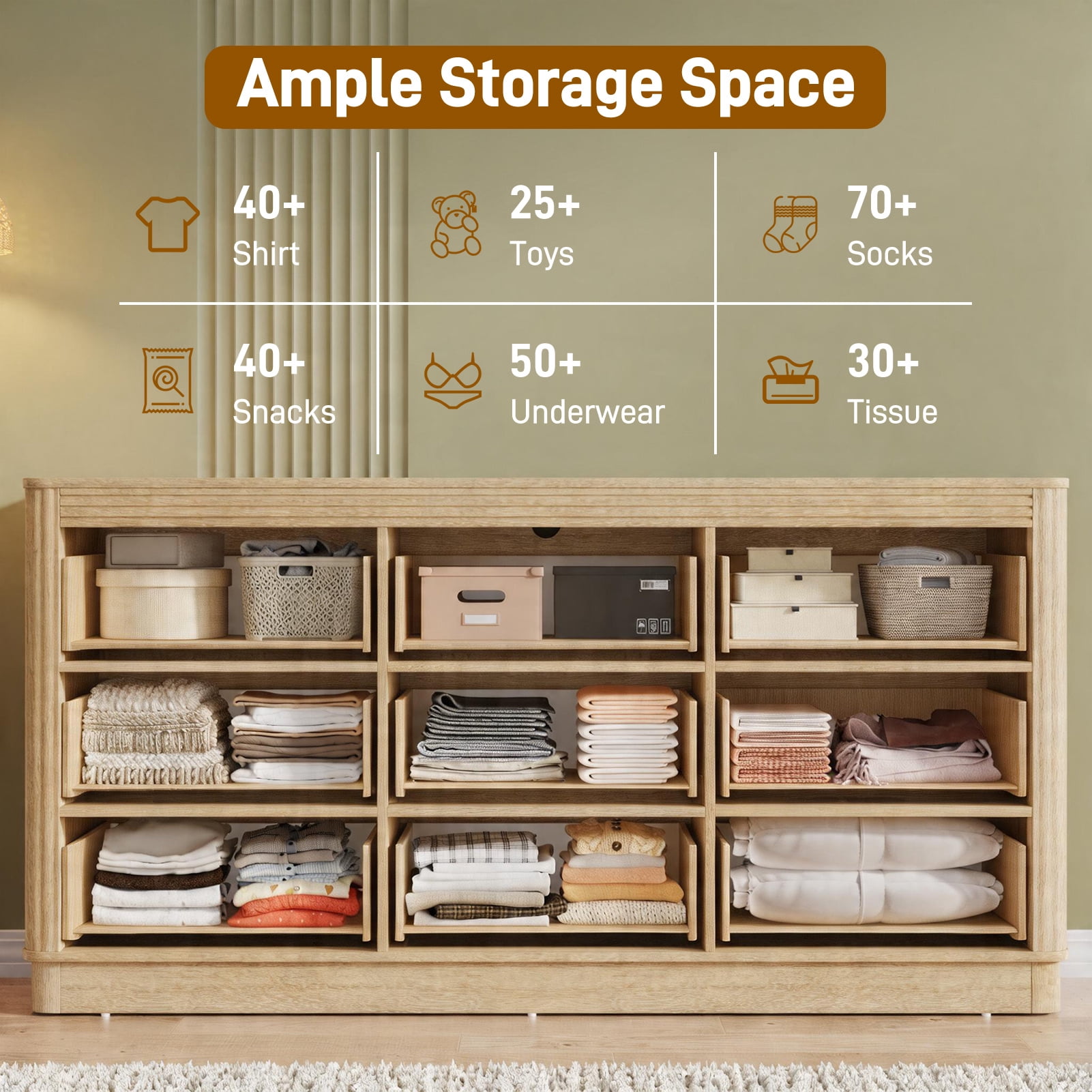 Blotout Fluted 9 Drawers Dresser for Bedroom, 63'' W Chest of Drawers with Power Outlet&Metal Handle, Fluted Fronts, Modern Dresser TV Stand, Wood Clothes Storage Organizer for Living Room, Hallway