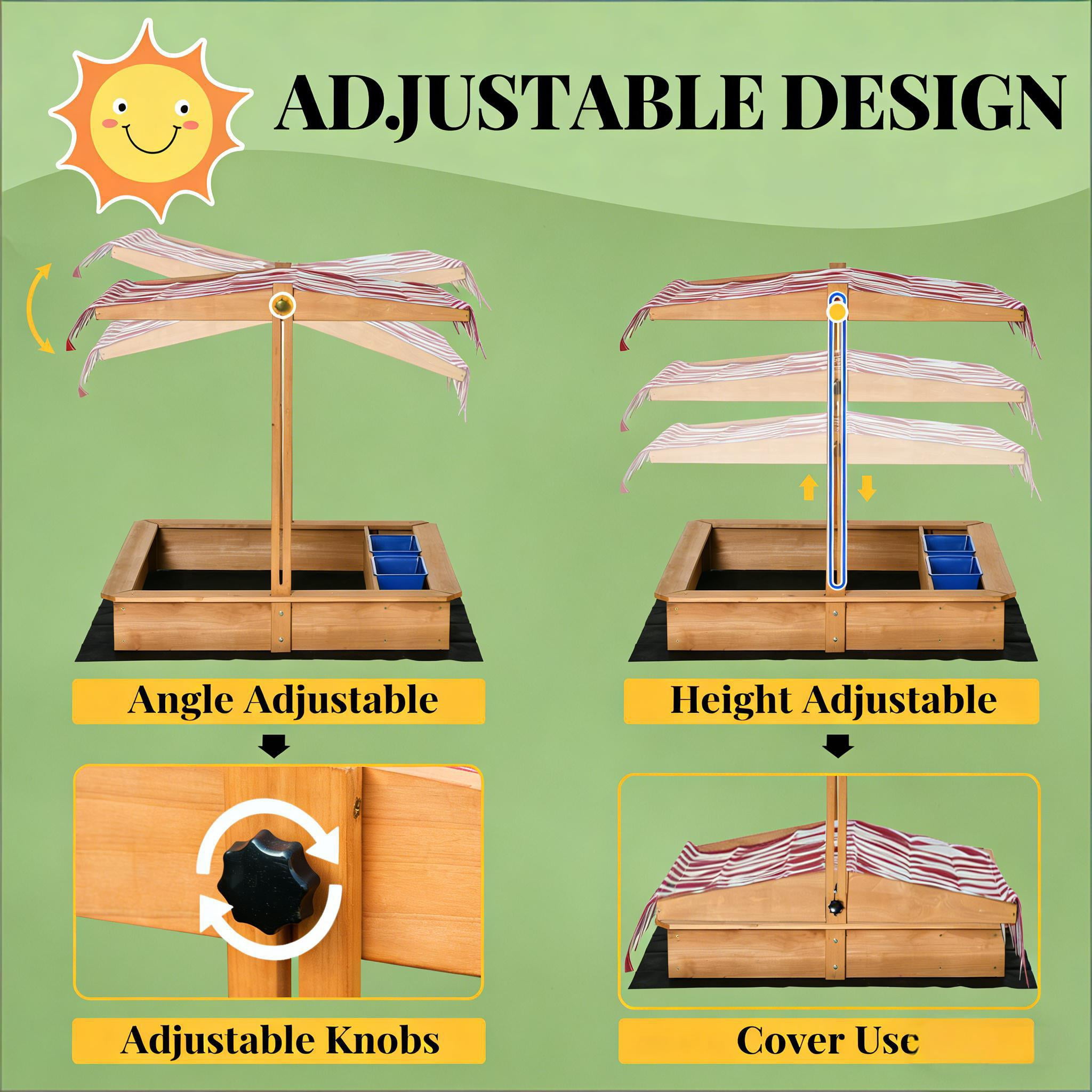 Kids Wooden Sandbox with Adjustable Roof Canopy, Outdoor Sand Play Station with Toy Storage Bins, Fir Wood Sand Pit with Bottomless Liner for Backyard, Ages 3-7