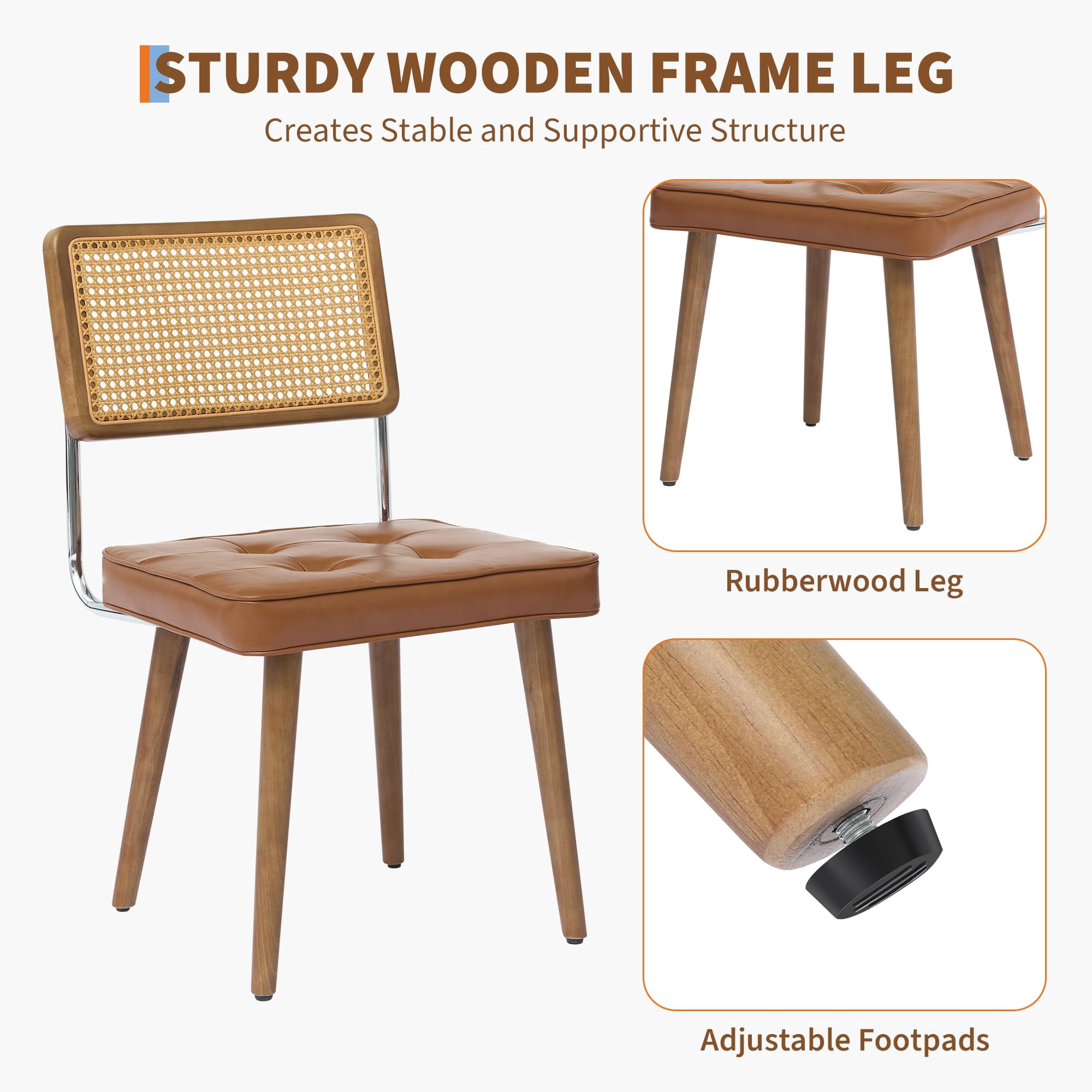 COZONY 4 PCS Modern Upholstered Dining Chairs Set , with Natural Rattan Back, Soft Padded Seat, Sturdy Wood Legs for Dining Room,Brown