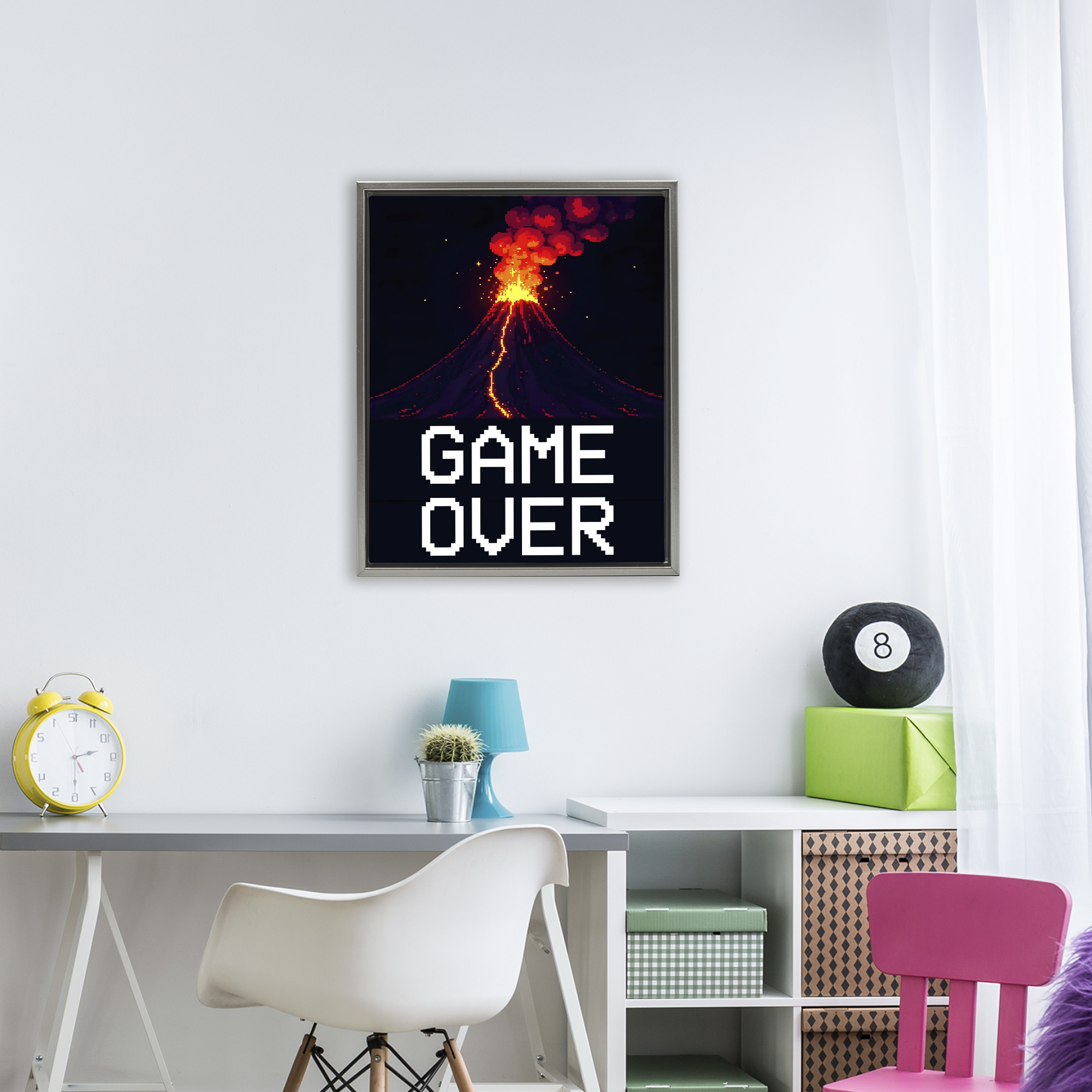 Pixel Volcano Game Over Gray Framed Floater Canvas Wall Art, design by Kim Allen