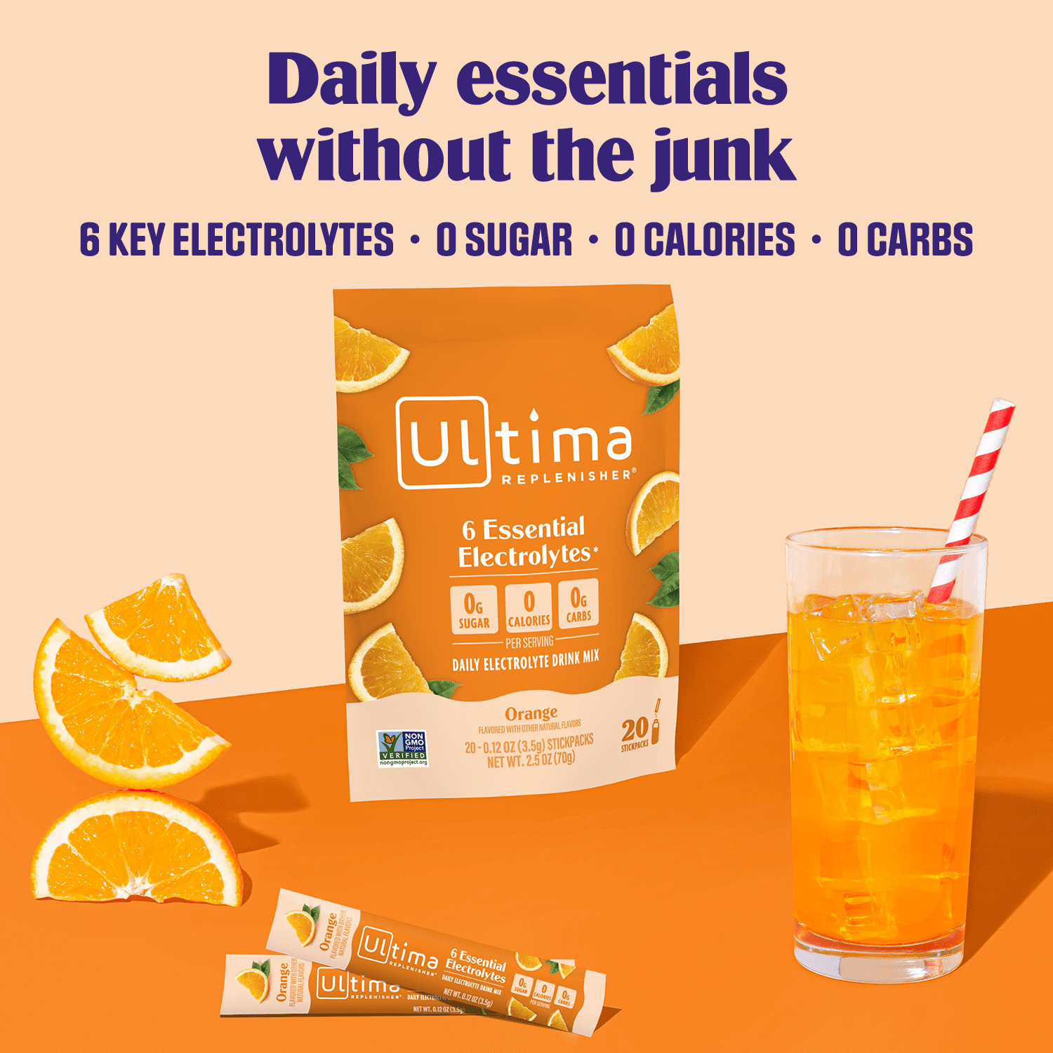Ultima Replenisher Hydration Electrolyte Drink Mix Powder Packets, Keto, Sugar-Free Orange, 20 Ct