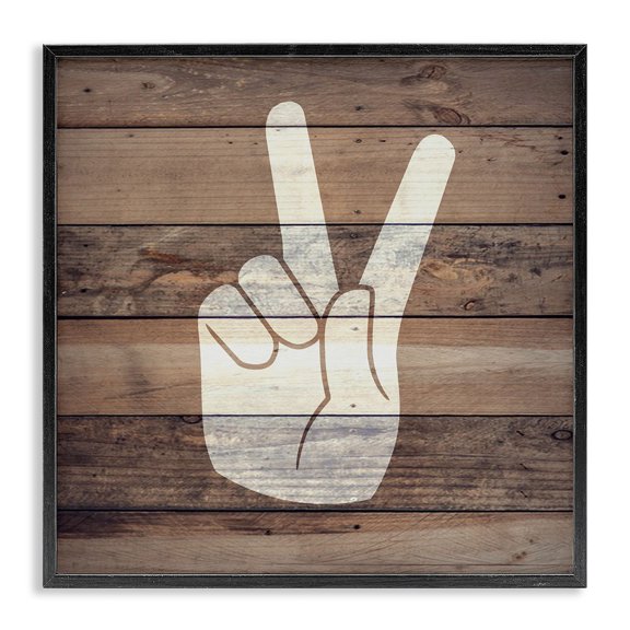 Stupell Industries Farmhouse Peace Hand Distressed Wood Black Framed Giclee Art, 12 x 12, by Daphne Polselli