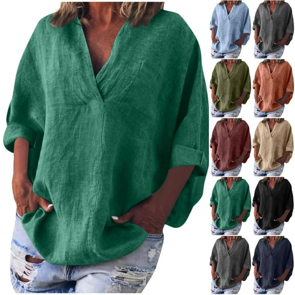 DIOAZUD Womens Cotton Linen Shirts Solid 3/4 Sleeve Tunic Tops with Pocket Oversized Tshirts Casual V Neck Dressy Blouses Spring Tops