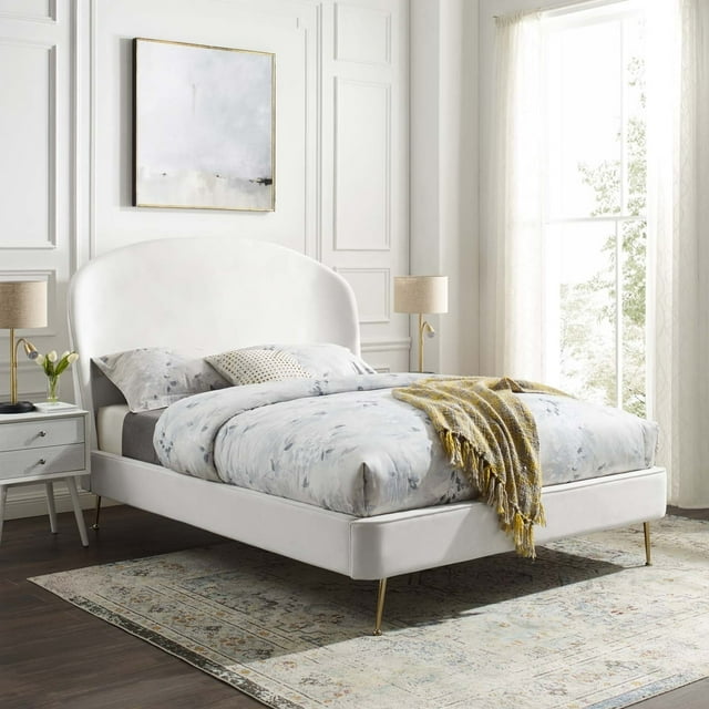 Modway Mira Lit Plateforme Grand en Velours de Performance Rembourré, Blanc