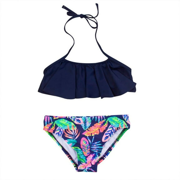 Edvintorg Two Piece Swimsuit for Kids Girls Fashion Halter Sling Solid Color Swim Top with Print Short Beach Ruffle Bikini Suit Teen Girl Swimwear 5-14T