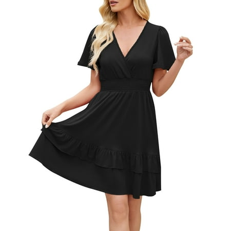 SAFUNY Women s Surplice V Neck Short Sleeve Waist Tie A Line Dress Pullover Stretchy Flirty Cocktail Evening Party Dress Black XXL