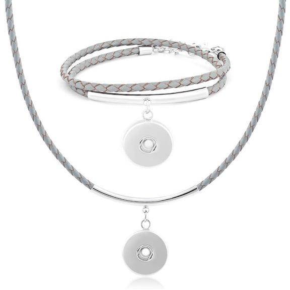 Snap Jewelry Leather Braided Necklace with Adjustable Gray Strap and Silver Dangle Pendant 18MM