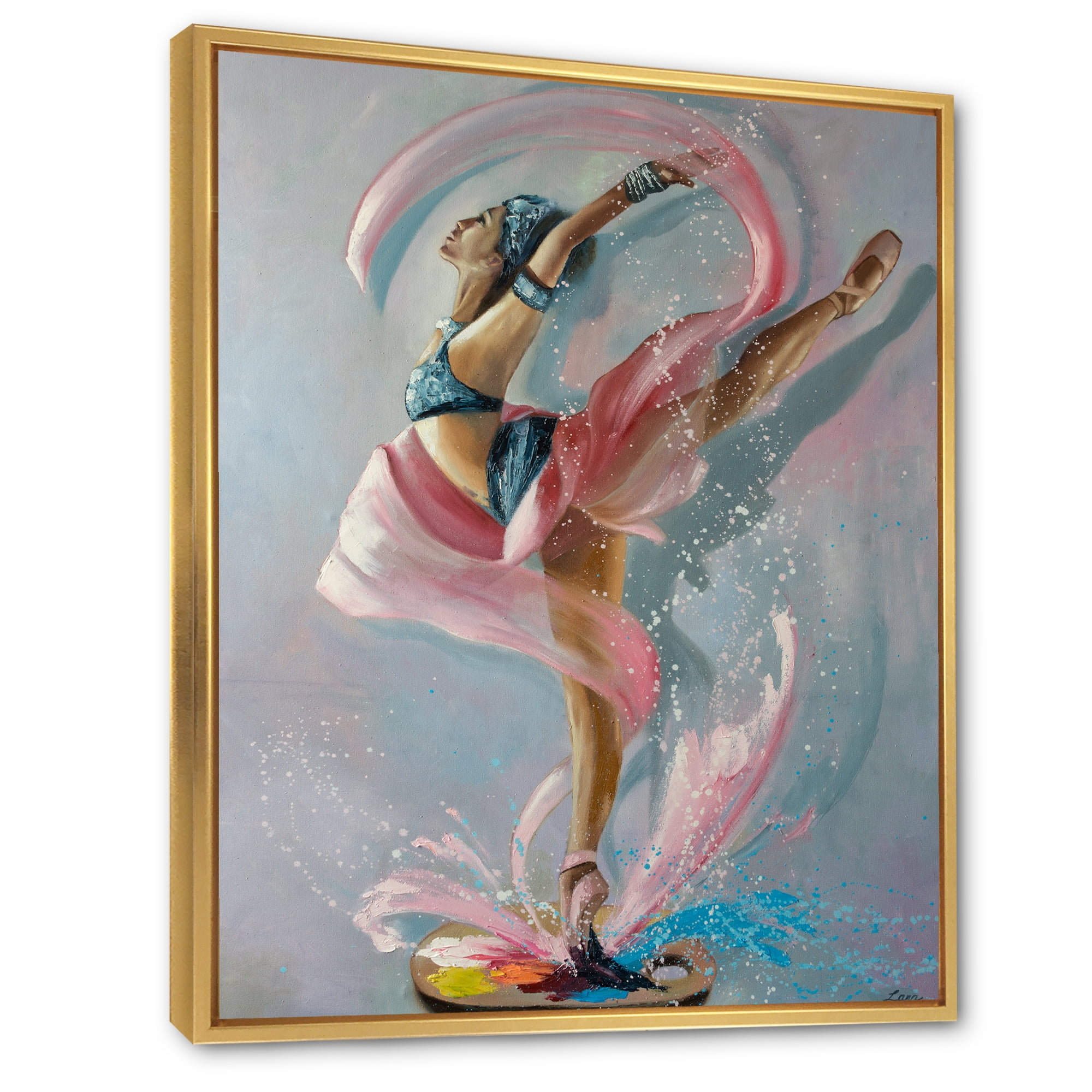 Designart 'Graciously Dancing Girl In Pink Drapes' Traditional Framed Canvas Wall Art Print
