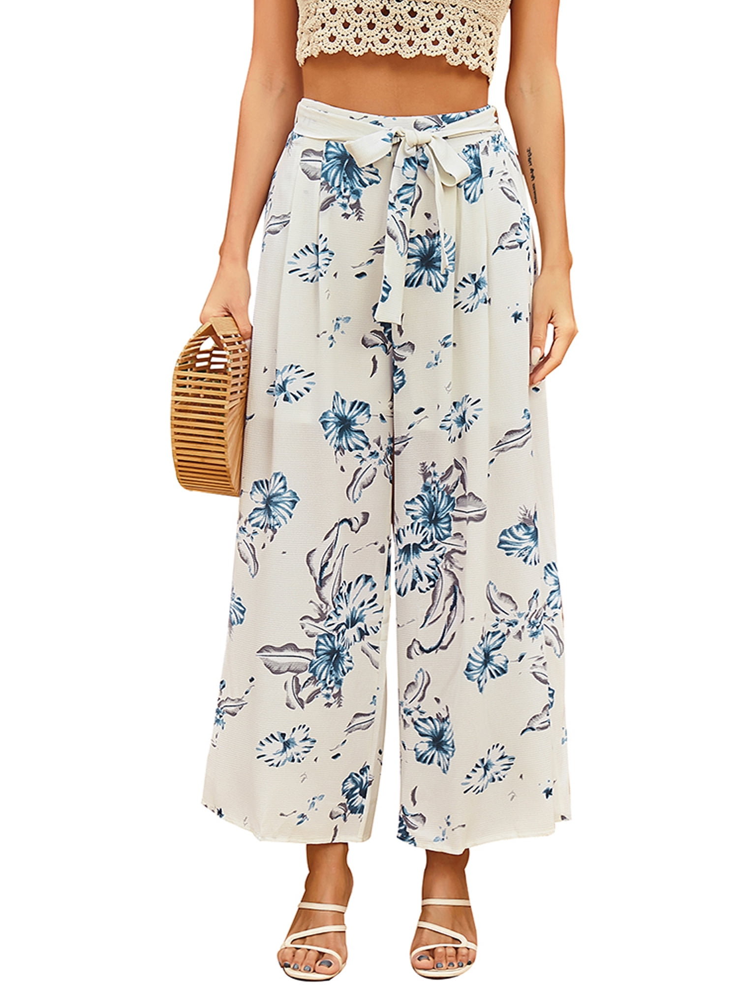 Women Palazzo Trousers Ladies Floral Print Wide Leg Baggy Palazzo Trousers Pants